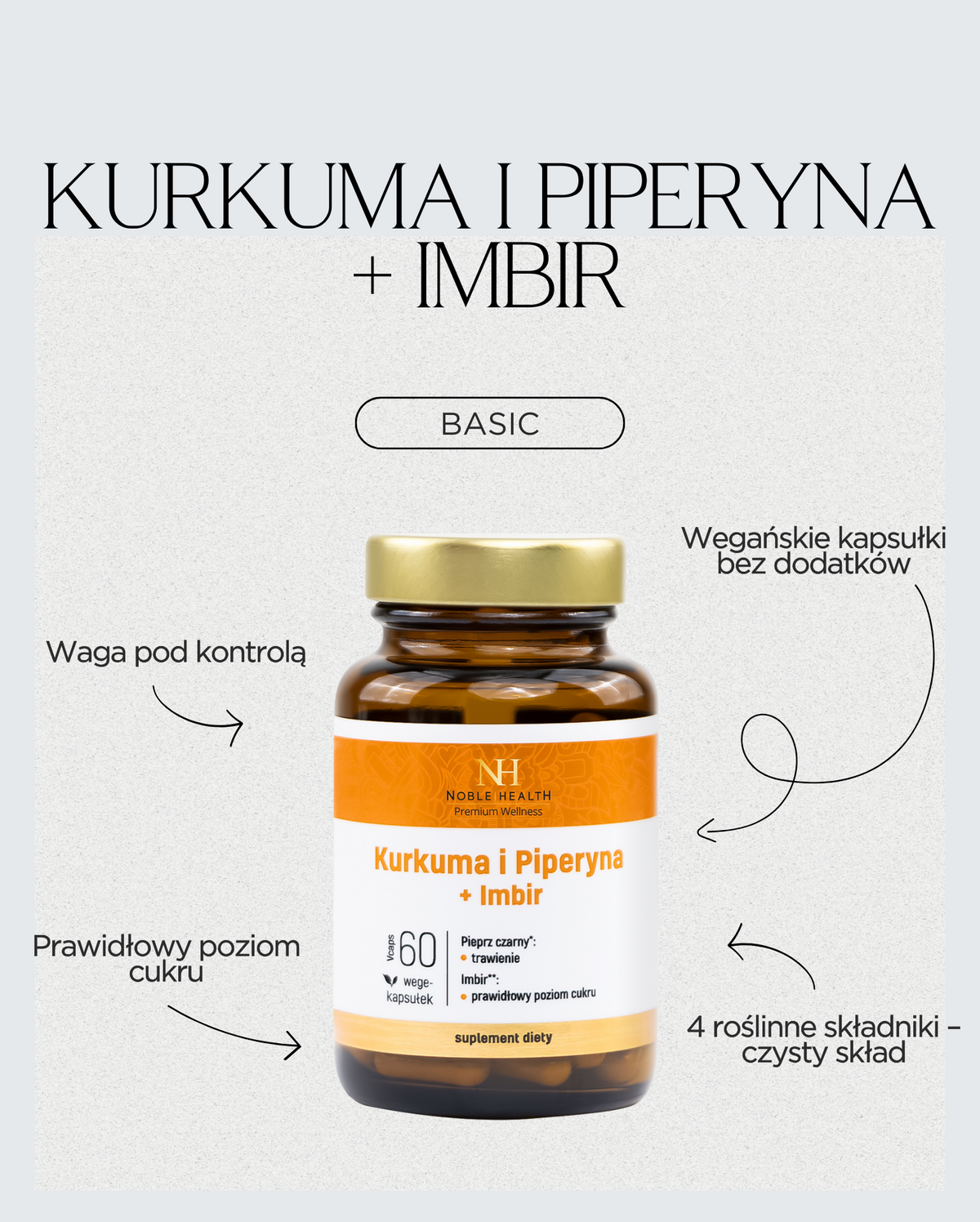 Complemento alimenticio Cúrcuma y Piperina + Jengibre - Noble Health