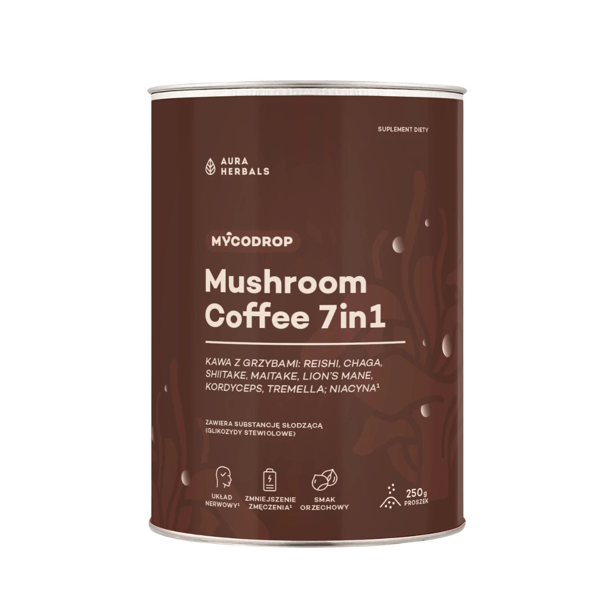 AURA HERBALS MUSHROOM COFFE Kawa z Grzybami Reishi Chaga Shiitake Maitake Lions Mane Kordyceps Tremella Mycodrop 250 g Aura Herbals